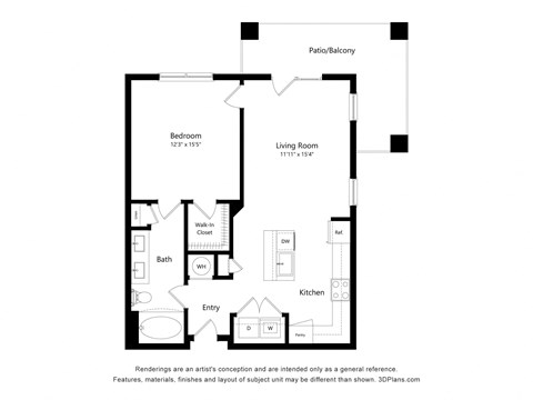 Floor plan for 1 bed, 1 bath, 761 sqft